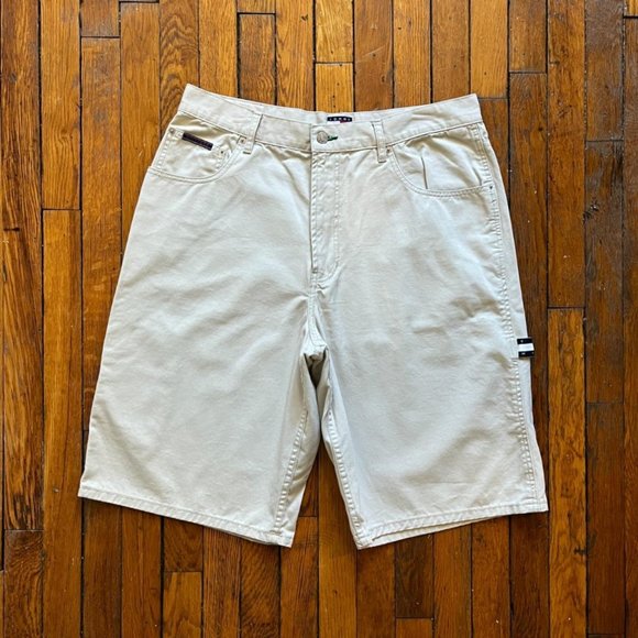 Vintage 90s Tommy Hilfiger Jeans Men's Tan Cream Hammer Loop Flag Logo Shorts. - Picture 3 of 7